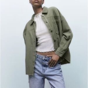 Zara button down shacket with pockets and frayed hem, lightweight, size M